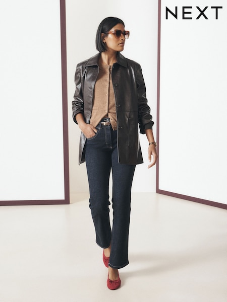 Chocolate Brown - Faux Leather Button Through Jacket