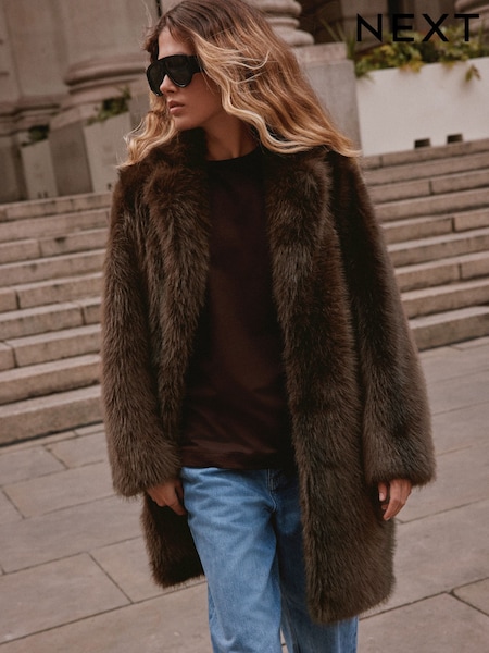 Chocolate Brown - Faux Fur Longline Jacket