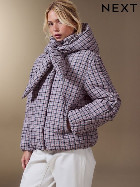 Pink Check with Scarf - Short Padded Jacket