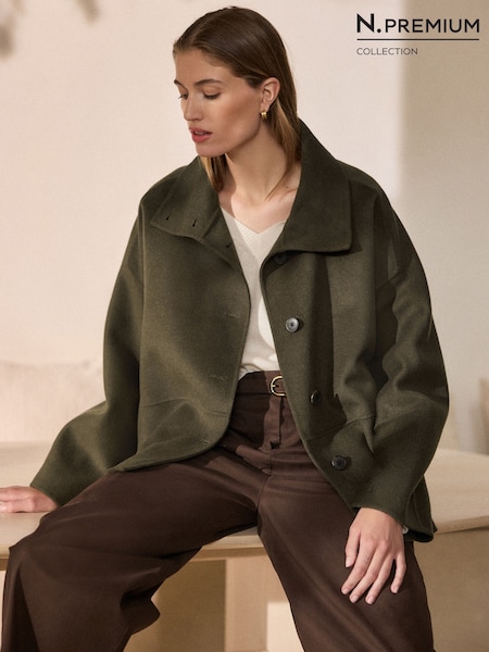 Olive Green - N.premium Hand Sewn Funnel Neck Short Coat
