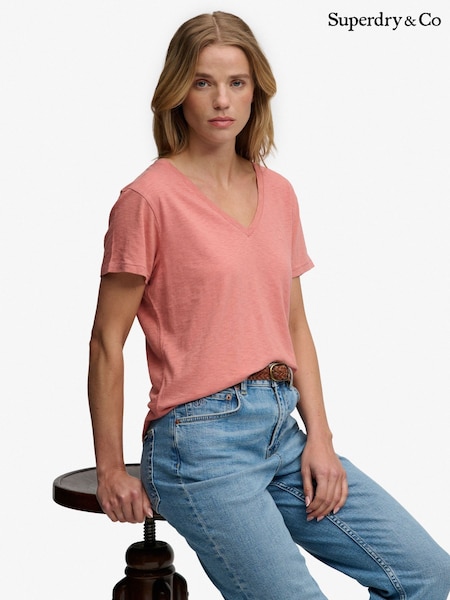 Mid Pink - Superdry Slub Embroidered V-neck T-shirt