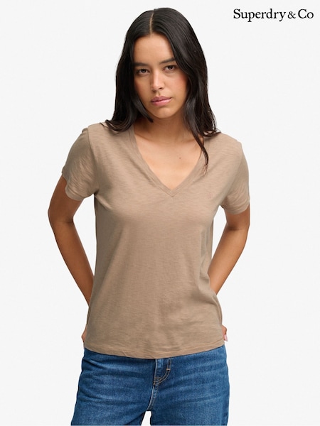 Beige - Superdry Slub Embroidered V-neck T-shirt