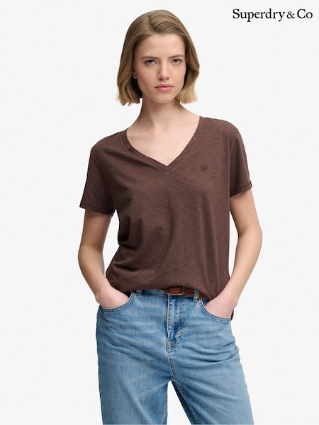 Brown - Superdry Slub Embroidered V-neck T-shirt