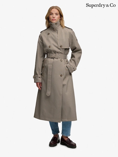 Brown - Superdry Micro Check Trench Coat