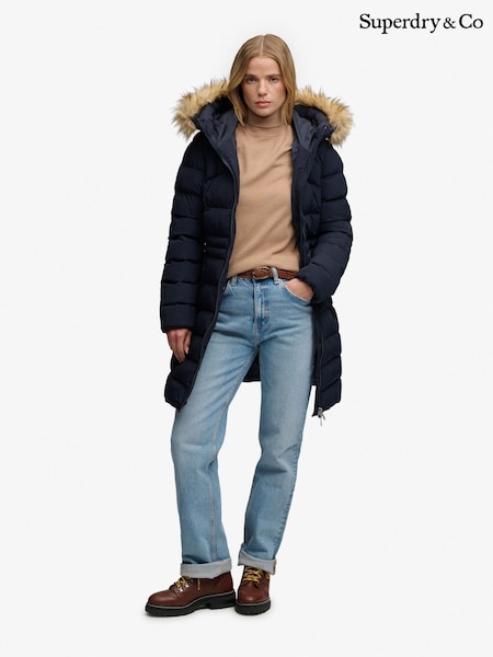 Blue - Superdry Hood Faux Fur Fuji Mid Length Jacket