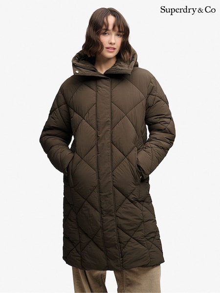 Green - Superdry Longline Diamond Quilt Jacket