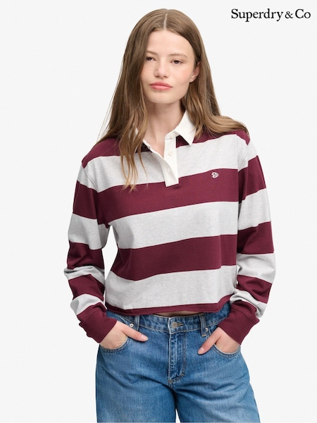 Rojo granate - Camiseta de rugby corta a rayas Superdry Ath Ess