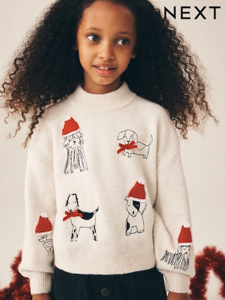 Ecru Embroidered Dog - Christmas Jumper (3-16yrs)