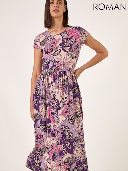 Roman Purple Paisley Print Short Sleeve Midi Dress (Y39027) | AZN 174