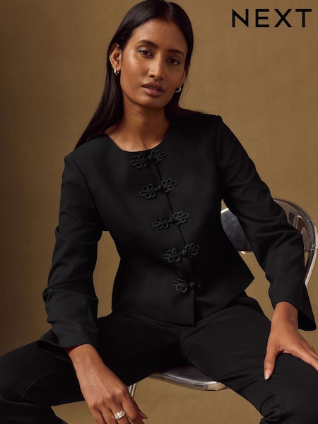 Black - Knot Fastening Collarless Jacket