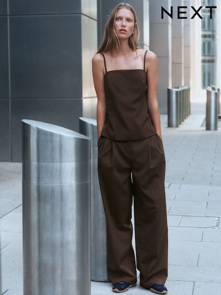 Chocolate Brown - Stripe Tailored Wide Leg Trousers