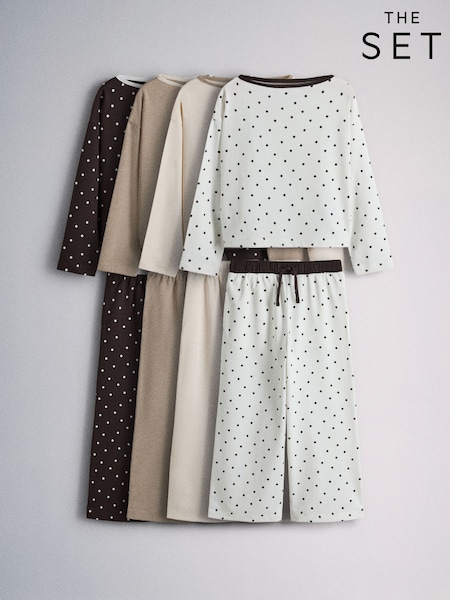 Chocolate Brown/Cream/Light Brown/Spot - The Set 4 Pack Cotton Blend Long Sleeve T-shirt And Long Leg Pyjamas