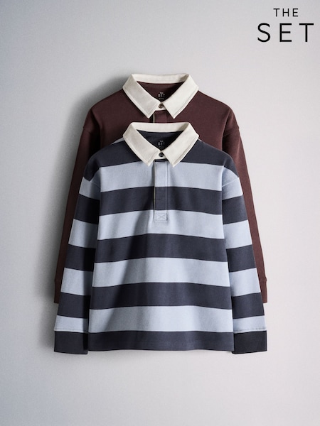 Navy/Burgundy - The Set 2 Pack Rugby Stripe Long Sleeve Tops
