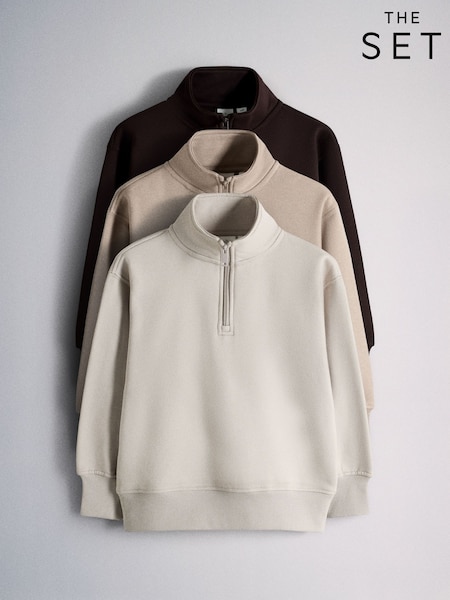 Brown/Cream - The Set 3 Pack Quater Zip Sweat Tops