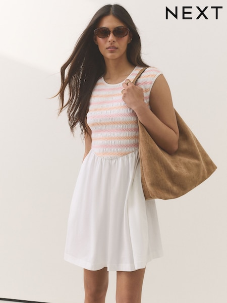 White Multi Stitch - Cap Sleeve Shirred Body Jersey Mini Dress