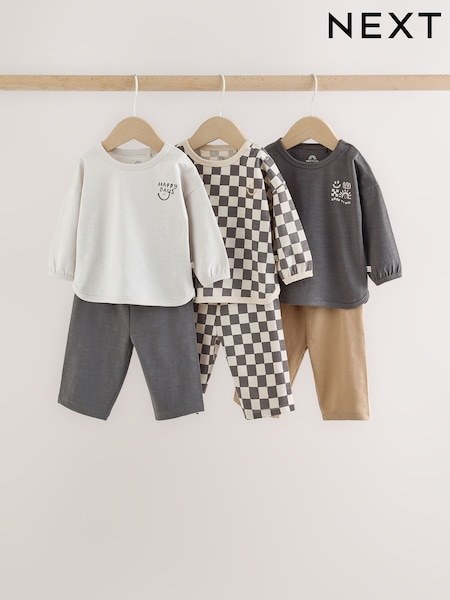 Grey/Neutral Checkerboard - Baby Top And Wide Leg Leggings Set 6 Piece (0mths-2yrs)