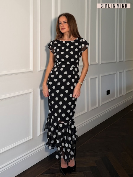 Girl In Mind Black Roxy Boat Neck Frill Midi Spot Dress (Y39500) | R$ 545