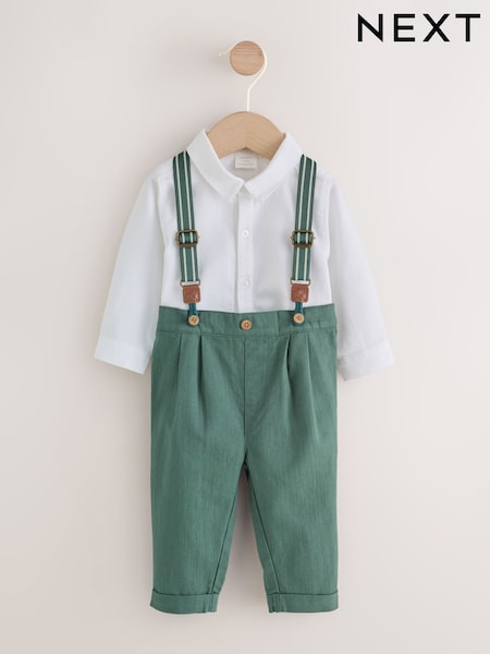 Grønn - Baby Shirt Trousers And Braces 4 Piece Set (0mths-2yrs)