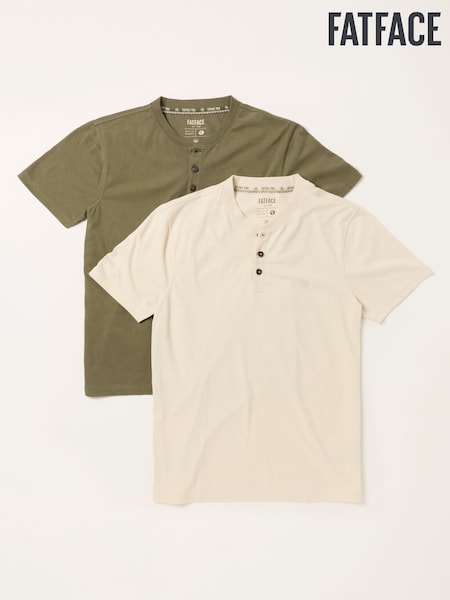 Khaki/Natural - Regular Fatface Short Sleeve Henley Top