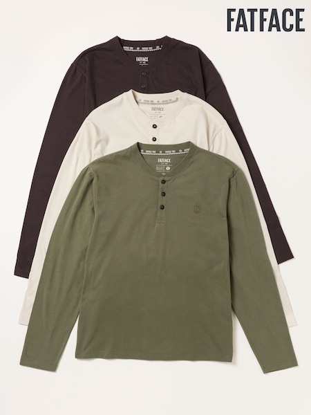 Khaki/Natural/Brown - Regular Fatface Long Sleeve Henley T-shirt