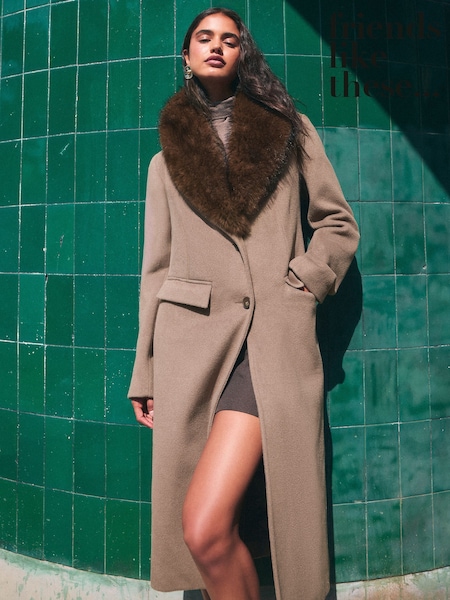 Mocha Brown - Friends Like These Fur Collar Longling Crombie Coat