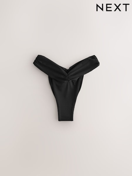 Black - V Cut Ruched Brazilian Bikini Bottoms