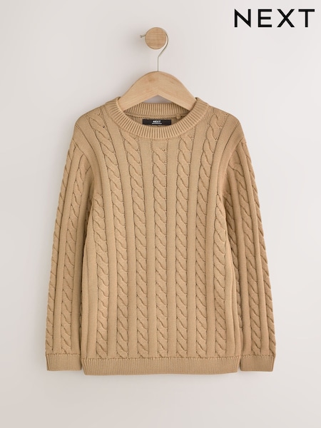 Tan Brown - Cable Knit Crew Neck Jumper (3-16yrs)