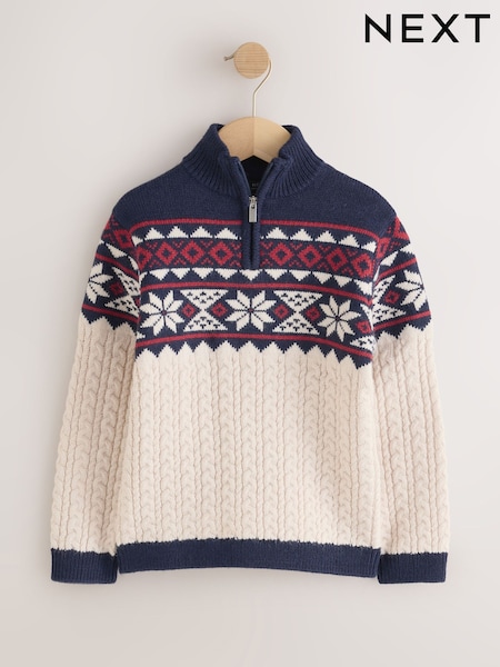 Ecru/Marineblau - Pullover mit Reißverschlusskragen und Norwegermuster (3–16Jahre)