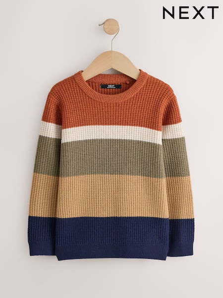 Rust Brown - Stripe Knitted Crew Neck Jumper (3-16yrs)