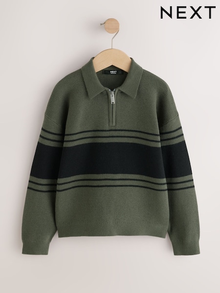 Dark Green - Colourblock Knitted Zip Neck Polo Shirt (3-16yrs)