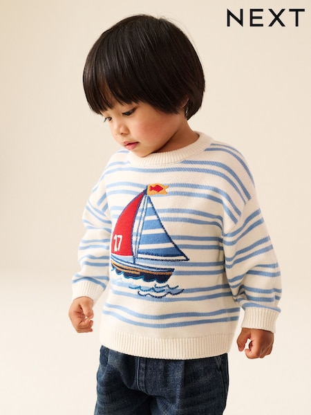 Cream/Blue Boat - Character Knitted Crew Neck Jumper (3mths-7yrs)