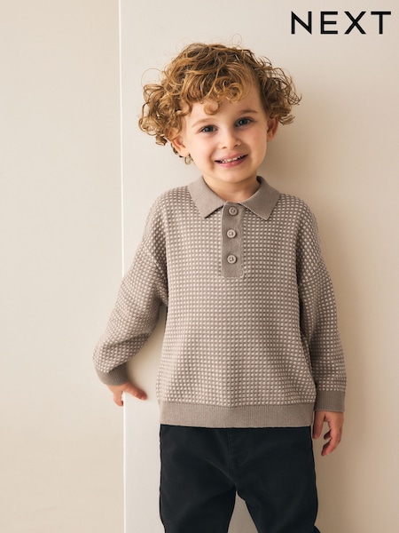 Neutral - Textured Knitted Popper Neck Polo Shirt (3mths-7yrs)