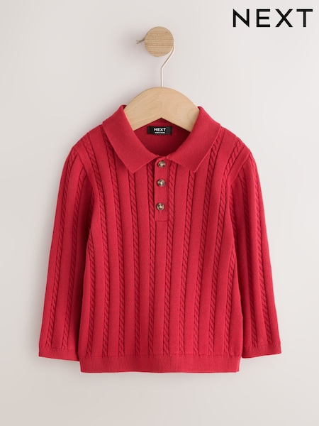 Red - Cable Knit Polo Shirt (3mths-7yrs)