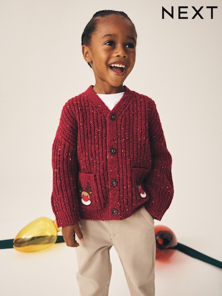 Red - Christmas Knitted Crew Neck Cardigan (3mths-7yrs)