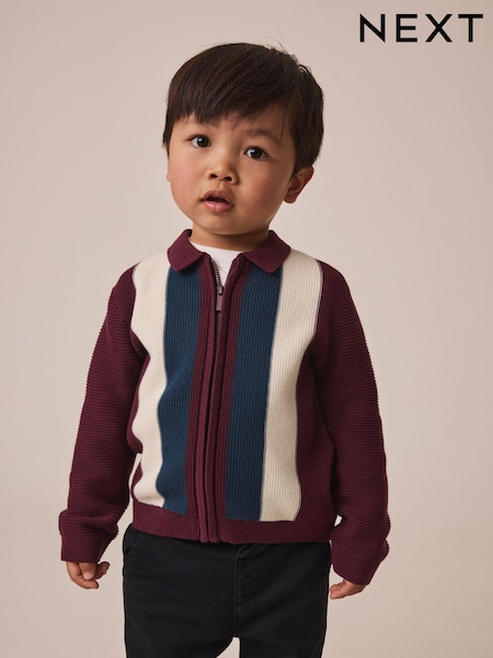 Purple/Navy - Stripe Knitted Zip Through Polo Shirt (3mths-7yrs)