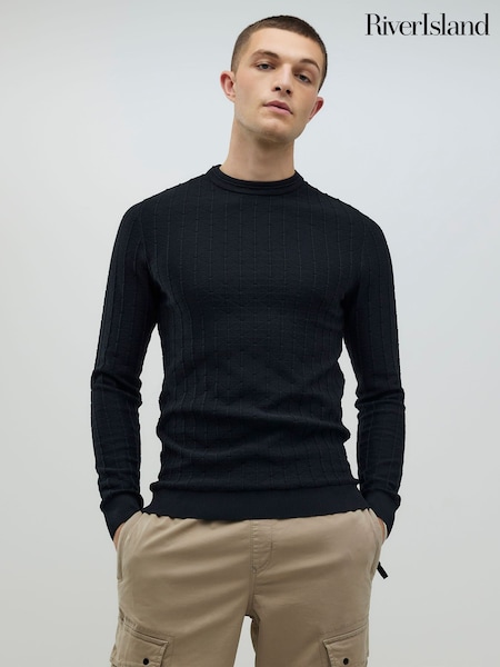 River Island Black Muscle Fit Textured Jumper (Y39916) | SGD 56