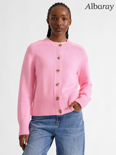 Albaray Pink Cotton Crew Neck Cardigan (Y40073) | kr1 084