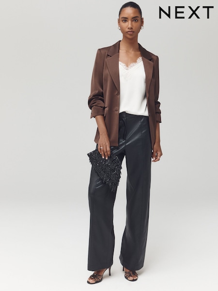 Black - Faux Leather Textured Wide Leg Trousers