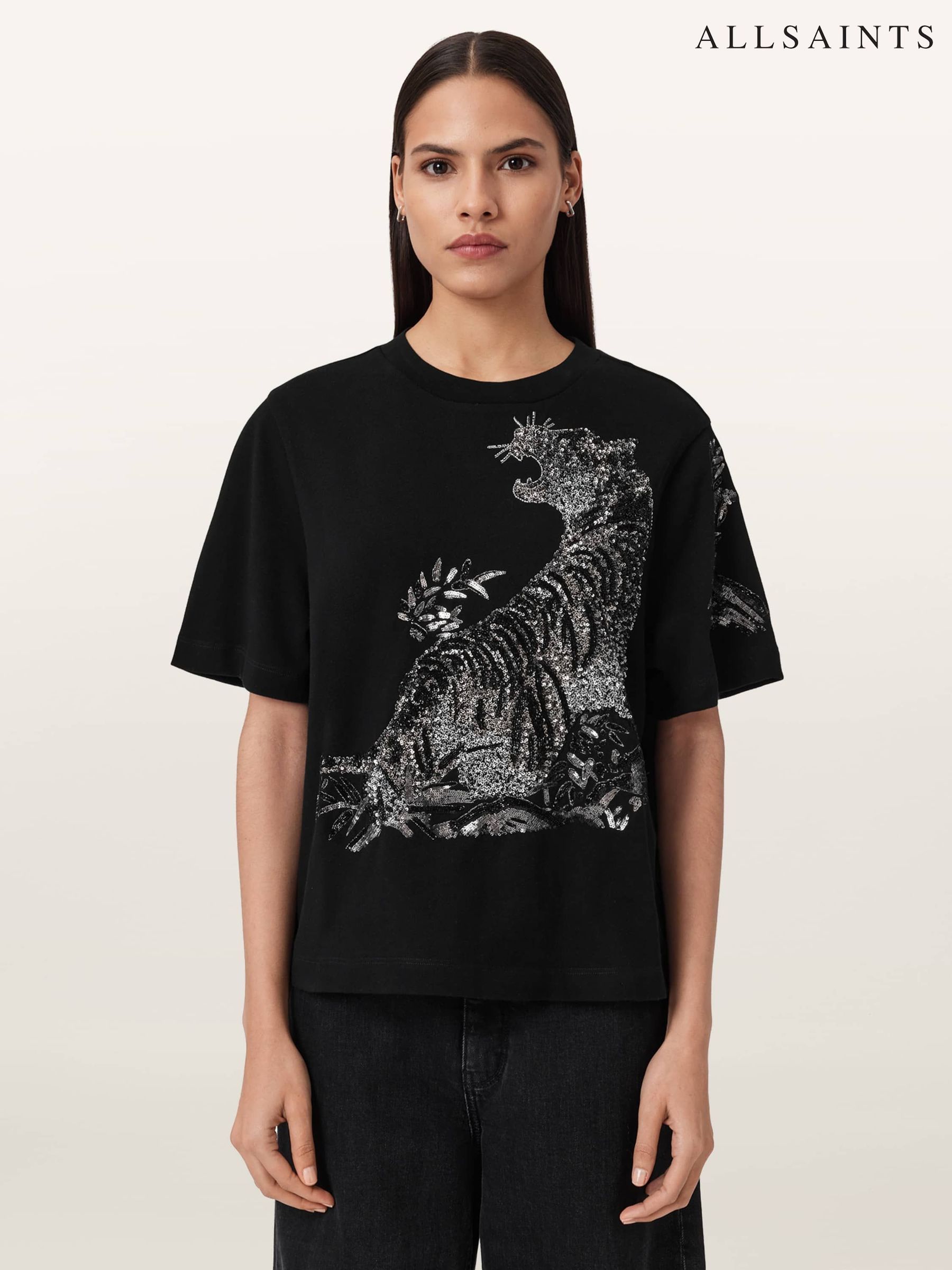 Buy AllSaints Black Pounce Lisa Sequin Tiger Embellished Cotton T