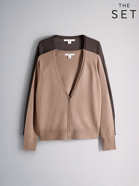 Chocolate Brown/Camel Brown - The Set Fine Knitted V-neck Cardigans