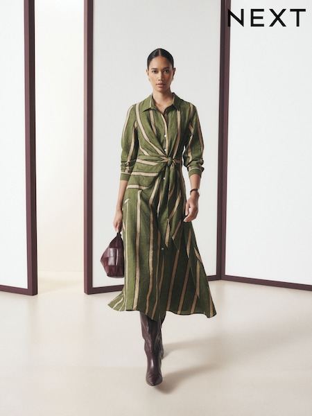 Green Stripe - Long Sleeve Tie Waist Midi Shirt Dress