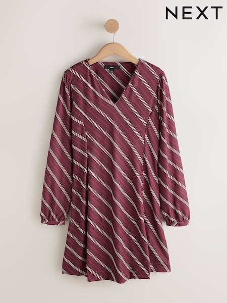Burgundy Red Stripe - Long Sleeve V-neck Mini Dress