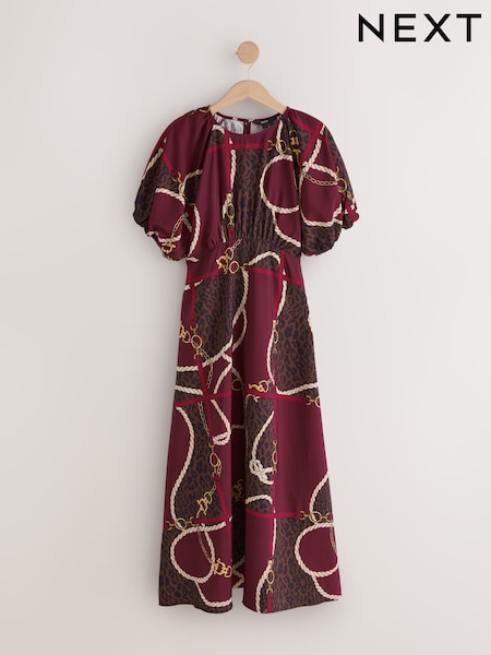 Burgundy Red Chain Print - Puff Sleeve Midi Dress