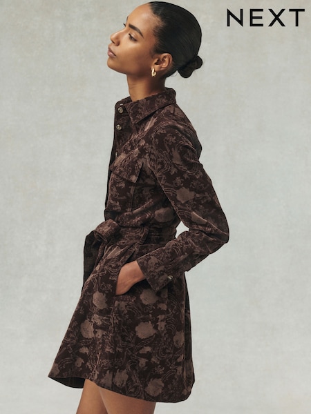 Brown Floral - National Trust X Next Long Sleeve Cord Mini Shirt Dress