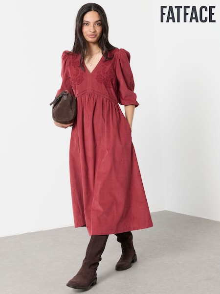 Rostbraun/Rot - Fatface Embroidered Cord Midi Dress
