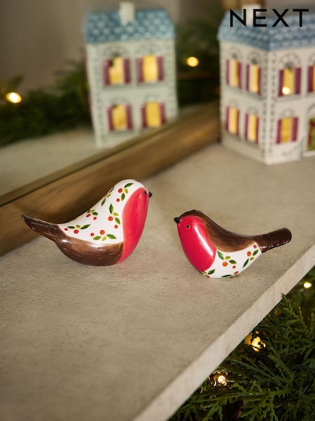 Set Of 2 Ceramic Robins Christmas Ornaments
