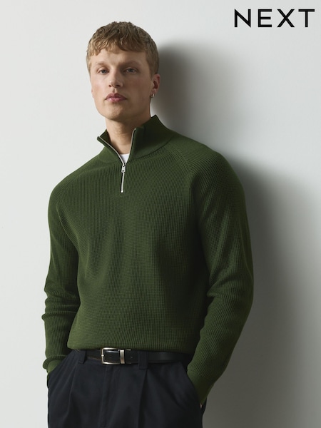Olive Green - Regular Regular Fit Textured Quarter Zip Jumper
