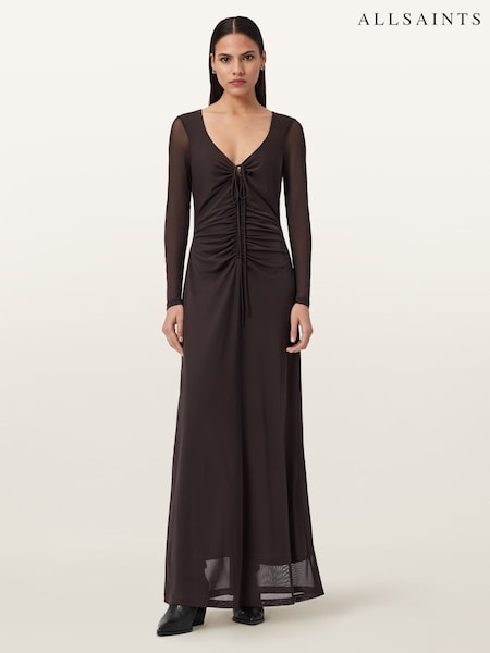 AllSaints Brown Gabby Long Sleeve Mesh Dress (Y40653) | kr3 140