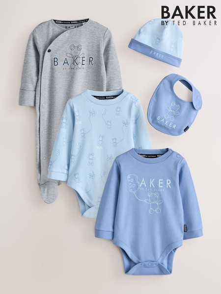 Plavo - Baker By Ted Baker 5 Piece Sleepsuit, Bodysuit, Hat And Bib Set