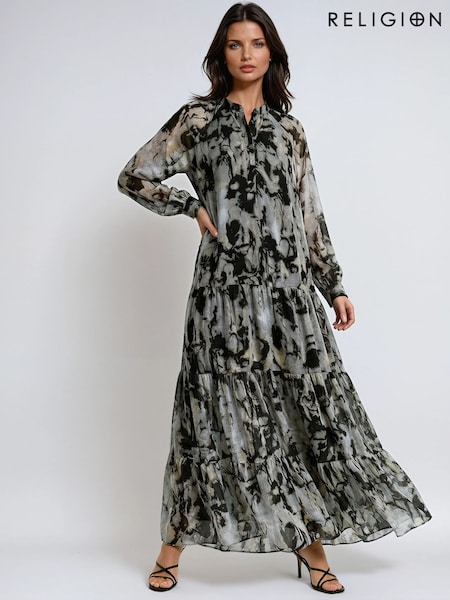 Religion Grey Sunrise tiered maxi dress in grey abstract print with pocket (Y40729) | $237